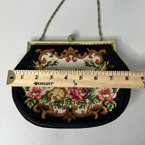 Vintage Handbag Tapestry Needlepoint Evening Framed Black Floral Gold Chain - Picture 12 of 16